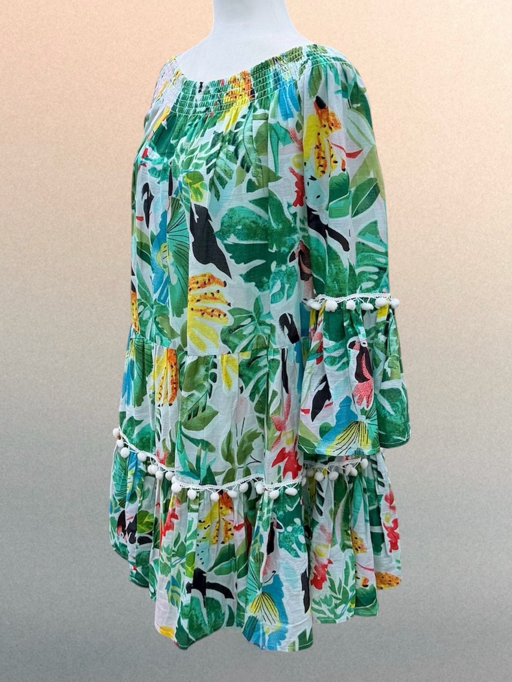 True Destinations Resort Wear Off-Shoulder Tropical Print Pom-Pom Dress, Medium - Picture 4 of 7